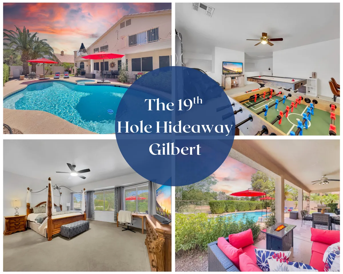 The image showcases a sun-kissed backyard with a sparkling heated pool, inviting outdoor seating area, a foosball table for family fun, and large windows revealing a cozy bedroom. The scene is set during golden hour, evoking a warm, social, and relaxing atmosphere. Activities visible include swimming, lounging by the pool, playing foosball, and dining al fresco.